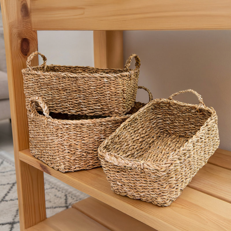 Haight 3Pc Rect. Seagrass Basket With Braided Handles Natural