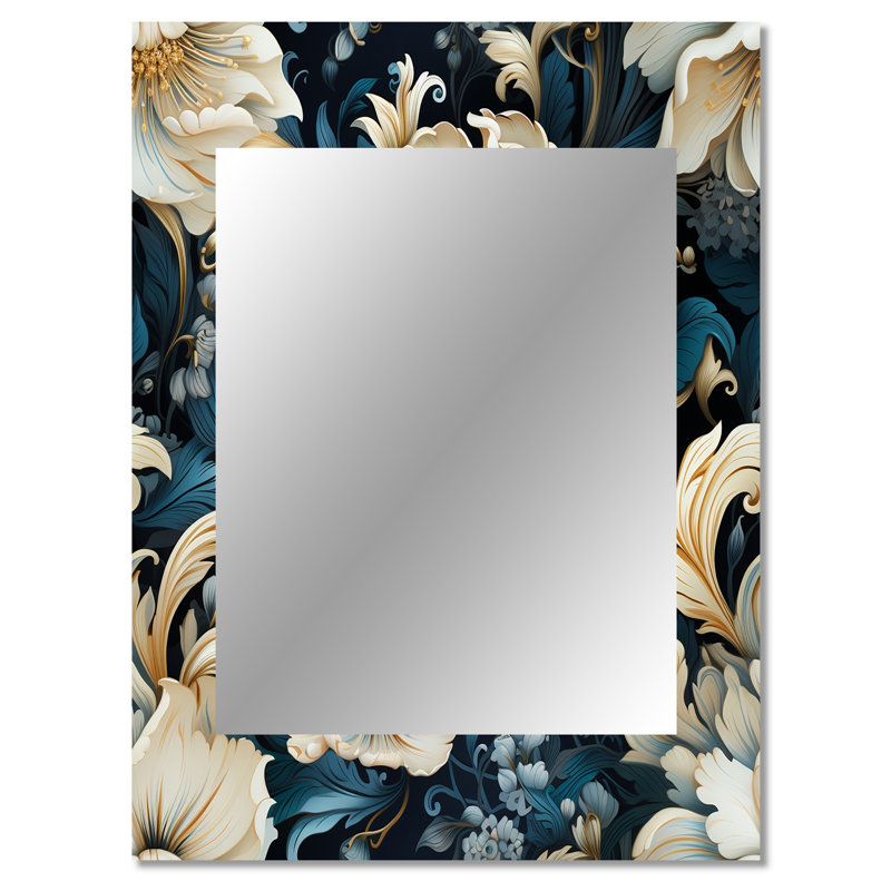Fleurs de la dynastie cachemire bleue et blanche Lloyd - miroir mural damassé, miroir décoratif bohème, impression d'art en métal