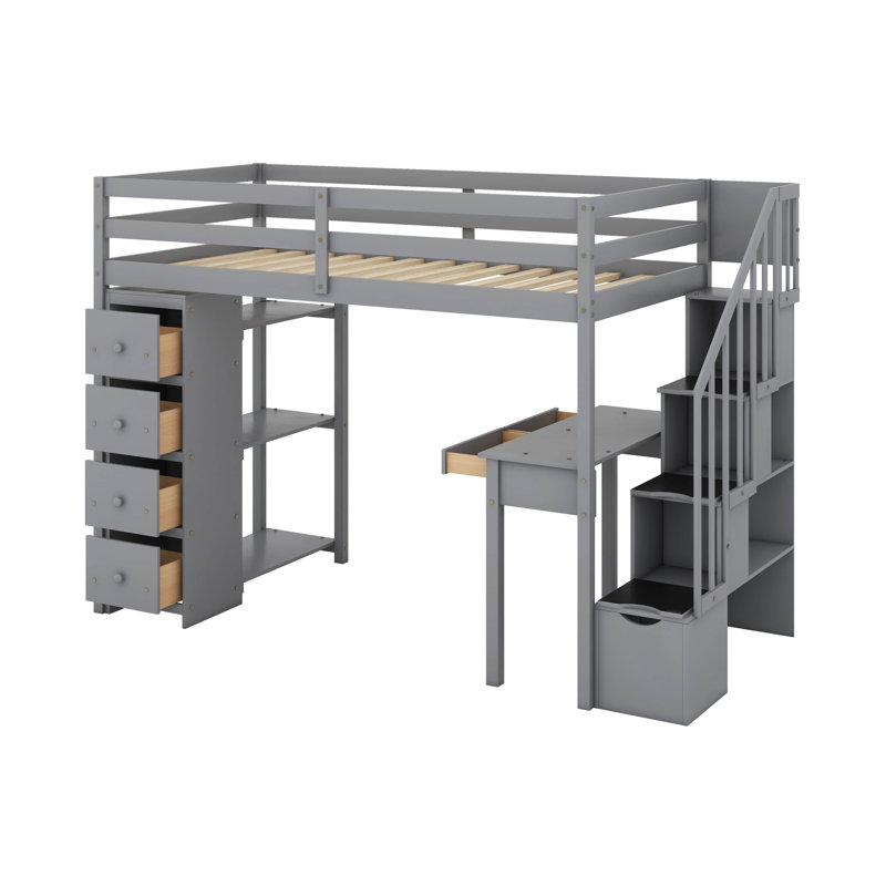 Twin Size Loft Bed With 4 Drawers,Desk,Shelves And Stairs, Gray