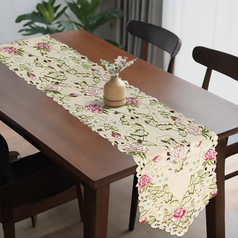 European Embroidered Table Runner with Flowers and Leaves for Christmas Dining Table and Modern Decor
