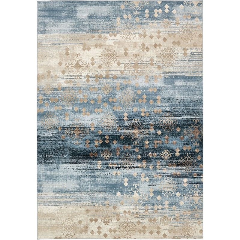 Tapis bleu tissé à la machine Juno, Rectangle 5 pi x 8 pi