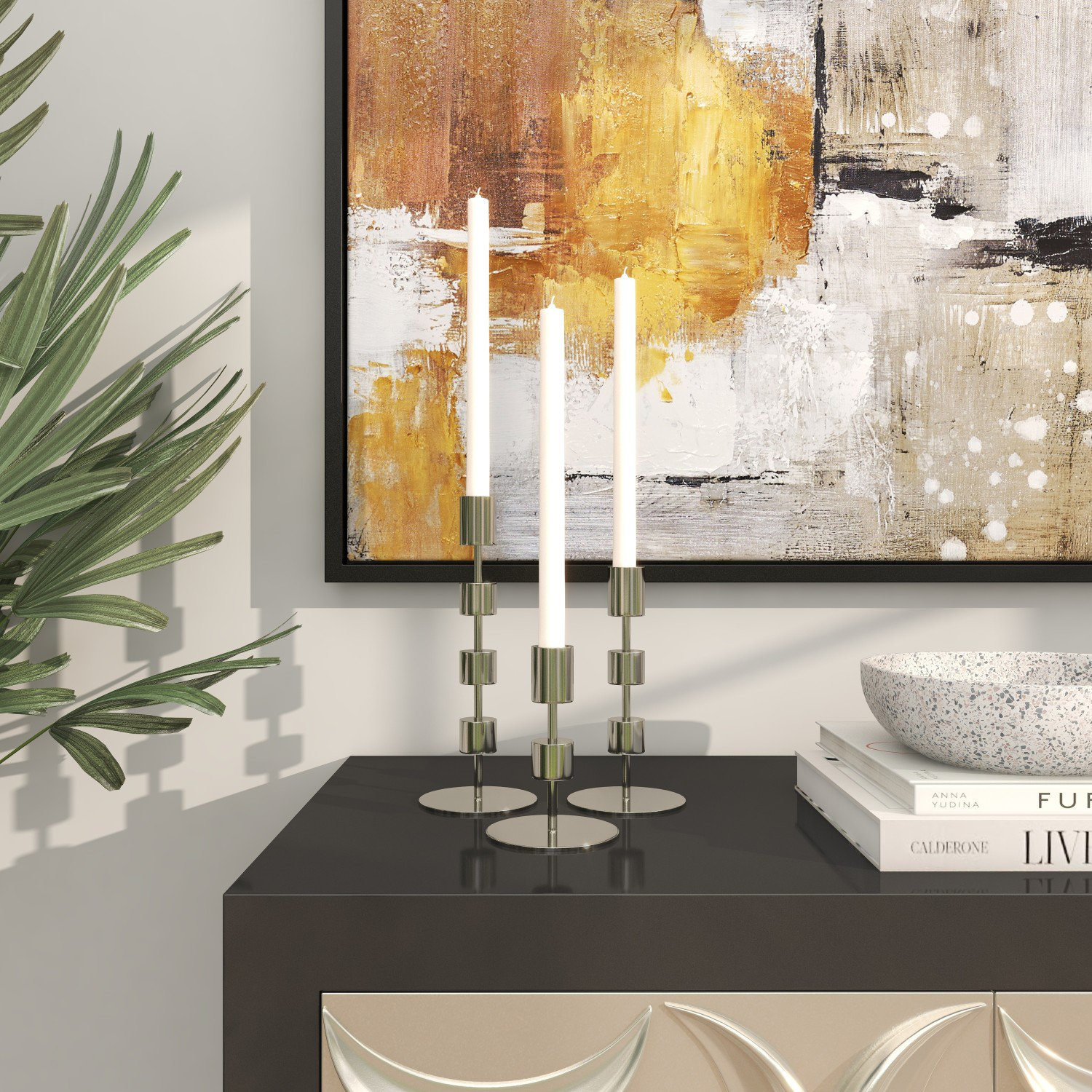 Brenner 3-Piece Aluminum Candlestick Set, Polished Silver