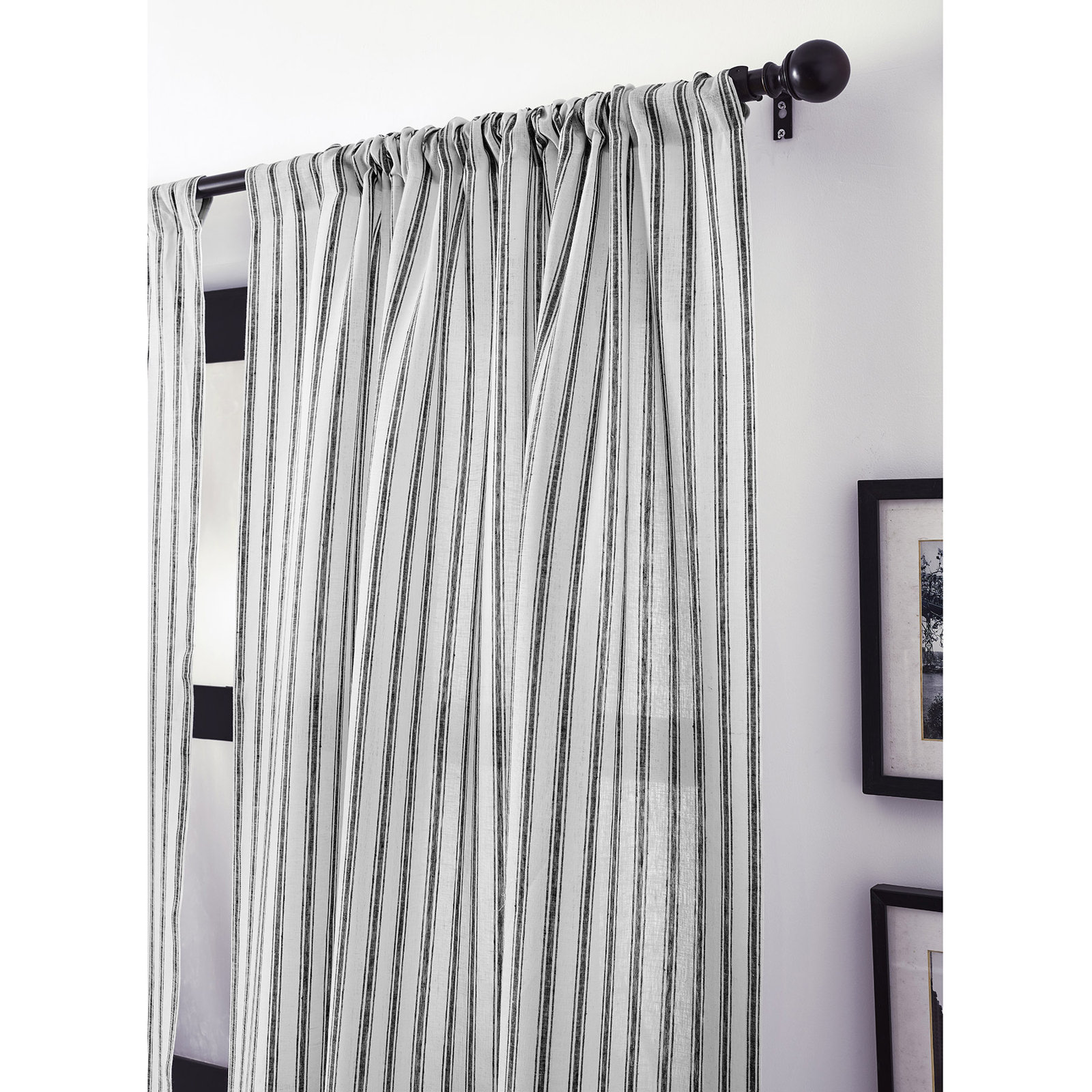 Capri Ticking Stripe Linen Sheer Curtain, 52" W x 120" L, Black and White