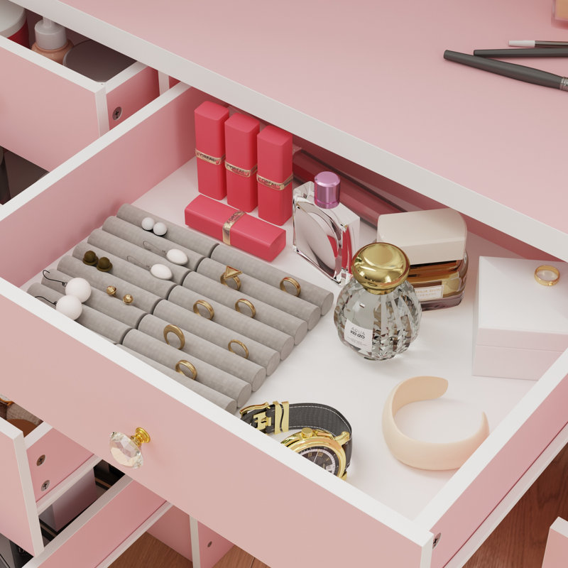 Coiffeuse à 9 tiroirs avec miroir et lumières réglables Jyotsna , Rose