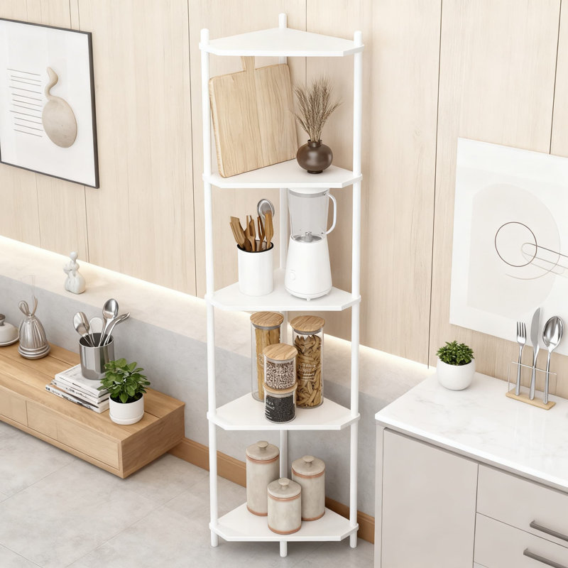 Tablette d'angle à 5 niveaux en bambou, rangement compact pour la salle de bain, la cuisine, le salon, la chambre à coucher et le bureau