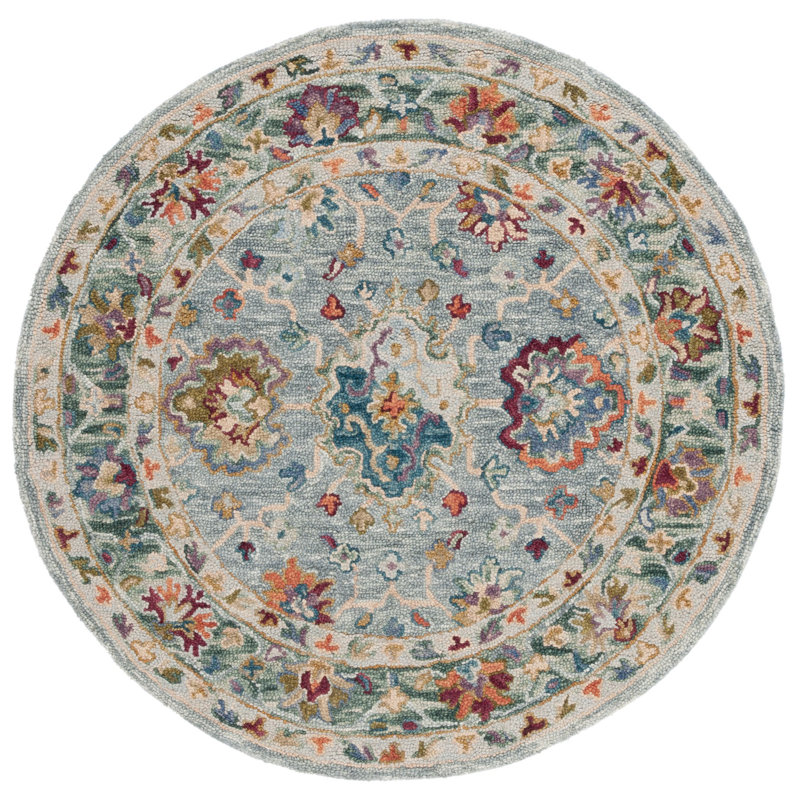 Hand-Tufted Gray/Green Oriental Wool and Cotton Rug, Round 5'
