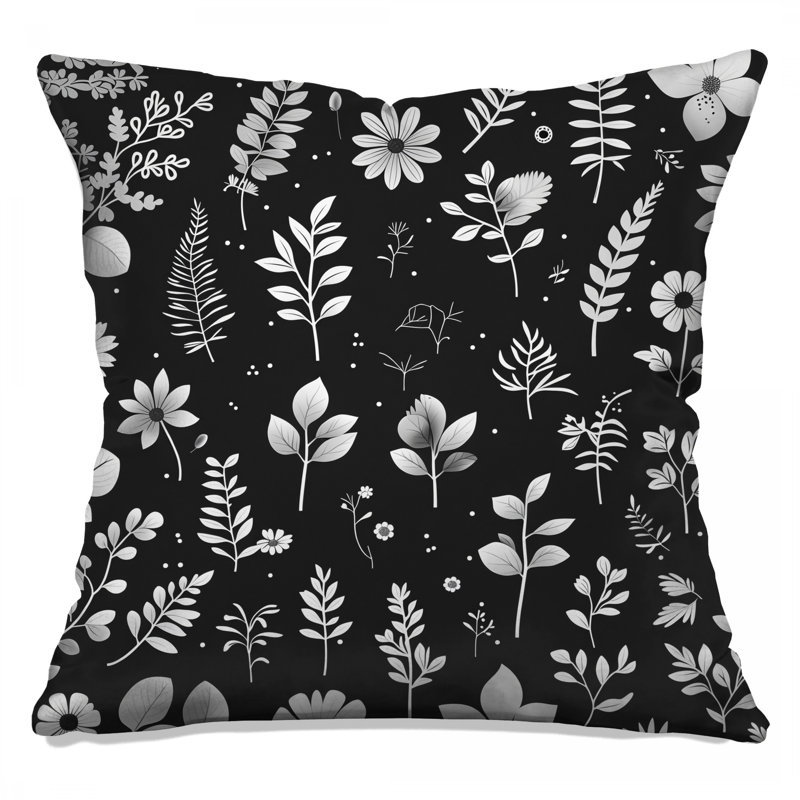 Coussin décoratif noir et blanc à motif floral, coussins double face floraux, 18 x 18 inches