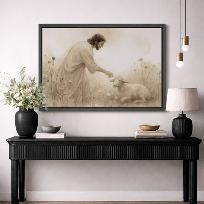Gentle Shepherd With Lamb Religious Artwork, Living Room Pictures, Framed Canvas Giclee Print Wall Art