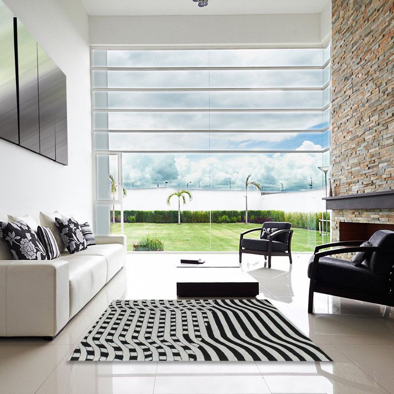 Tapis noir/blanc contemporain, Carré 5 pi