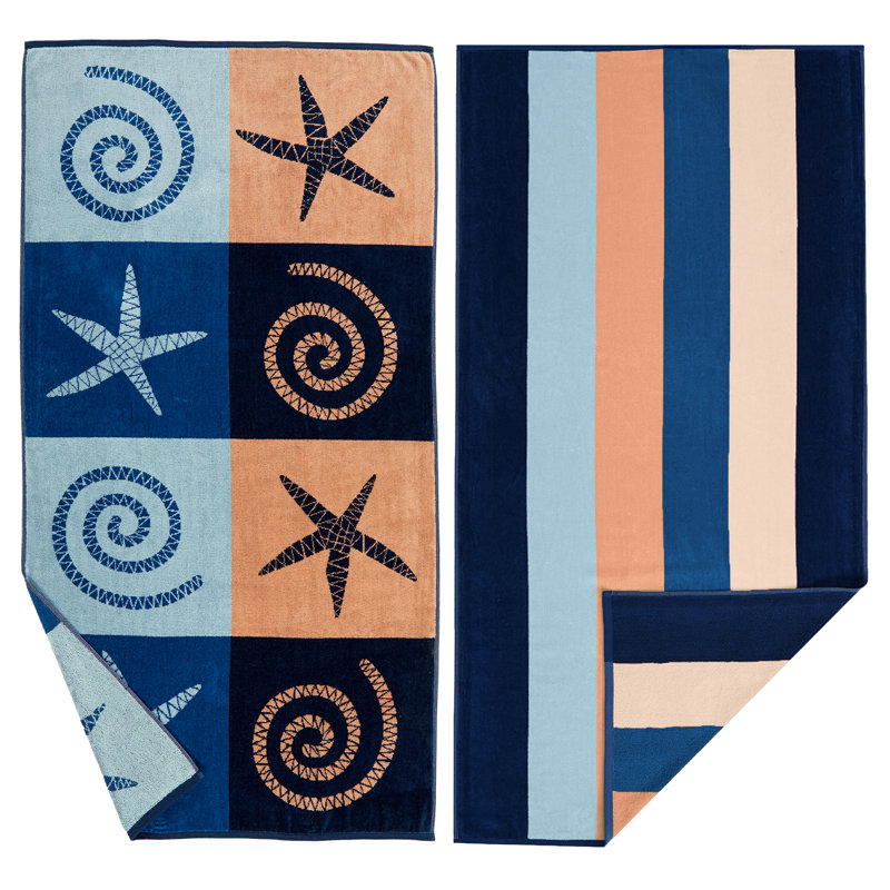 Ensemble de serviettes de plage 100% coton, Bleu / Brun