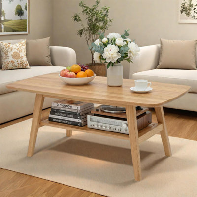 Table basse Mid-Century moderne avec coins arrondis et tablette de rangement