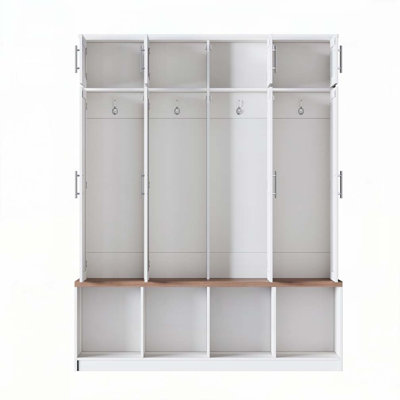 Farmhouse Hall Tree with 4 Hidden Hooks, Walnut Seating Bench, 8-Door Shoe Cabinet & Open Compartments for Entryway