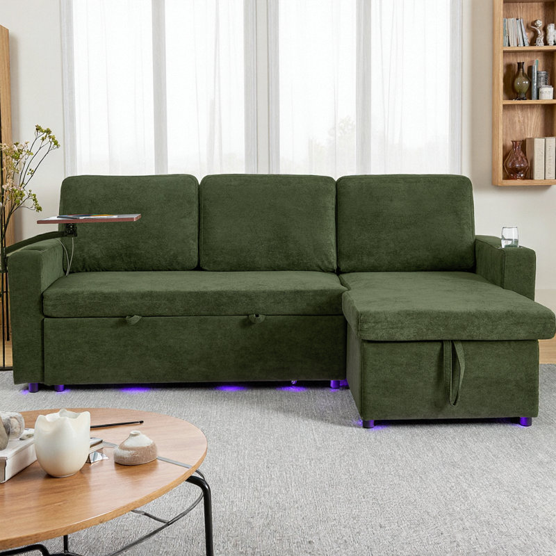 Modern Chenille L-Shape Sectional Sofa with Pull-Out Bed, Retractable Table & LED Lighting, 3-Seater Modular Sleeper Sofa with USB Charging Ports and Cup Holders