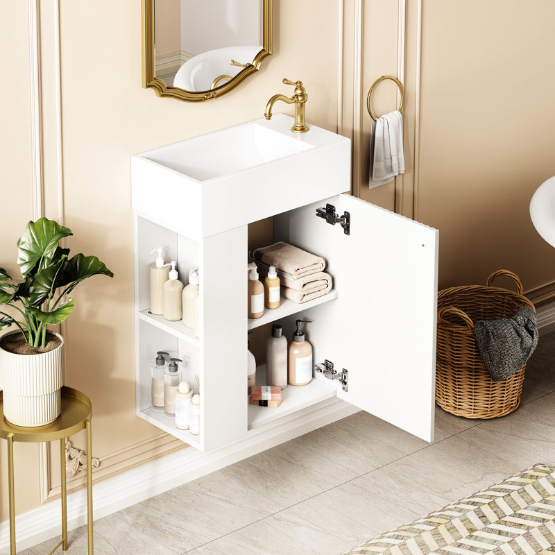 Meuble-lavabo de 18,5 po avec lavabo en résine, rangement intelligent, poignées en alliage de zinc, charnières à fermeture en douceur, tablettes latérales faciles à installer, meuble sous-lavabo, caractéristique