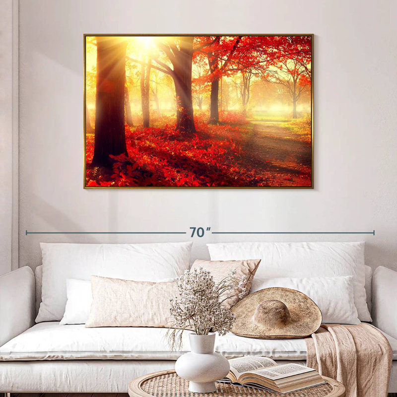 Forêt rouge vif, 46 po x 31 po, Cadre flottant doré