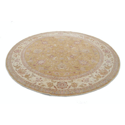 Tapis rond rond en laine noué à la main 8 pi x 7 pi beige, doré et rosé