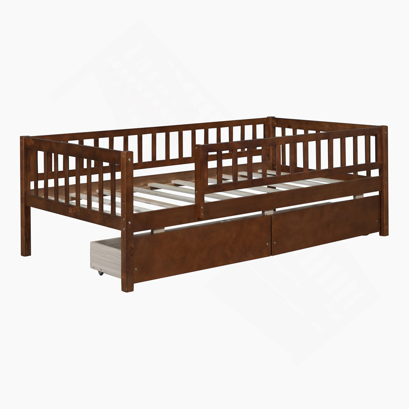 Kallel Daybed with Two Drawers and Guardrails, Twin, Walnut
