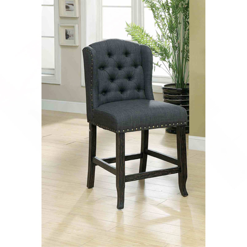 Rustic Style 2Pc Counter Height Chair Bold Distressed Nailhead Trim Wingback  Dining Room, Antique Black