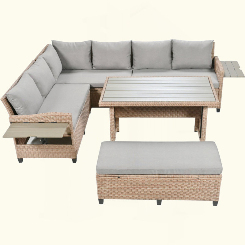 Modern 5 Piece Rattan Sectional Seating Group with Cushions, Gray, Brown Duplicate