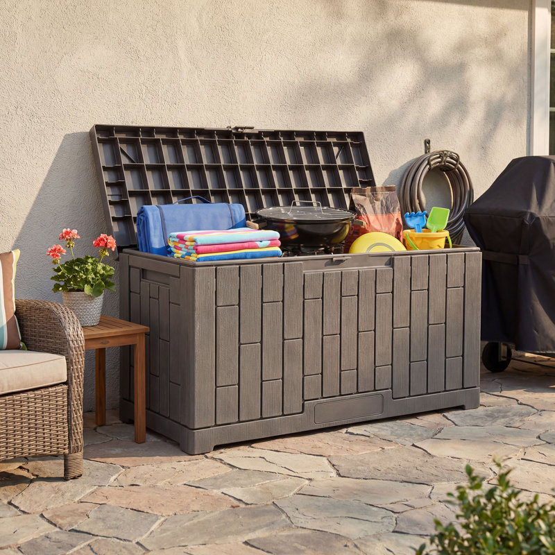 Edrosie Inc 60 Gallon Resin Waterproof Outdoor Deck Storage Box, Light Brown