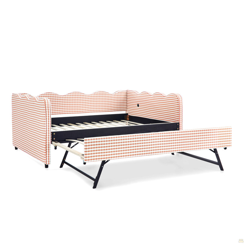 Lit de jour en vichy double avec couchette simple sans sommier, avec port USB et adorable tissu en forme de vague, Double