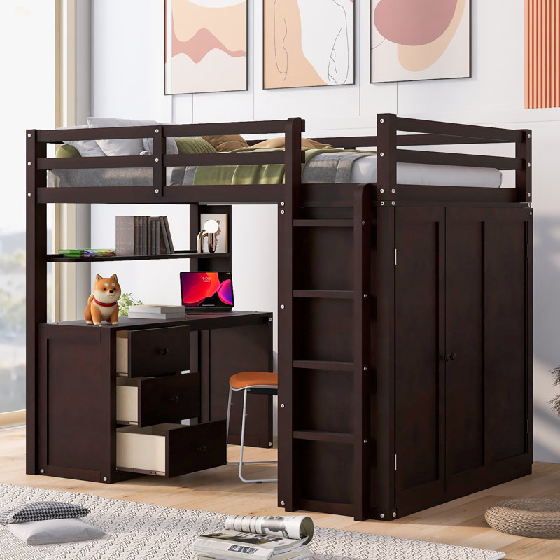 Lit mezzanine double avec tiroirs, bureau et garde-robe, Double, Espresso