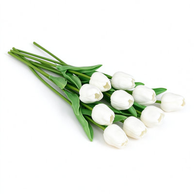 Tulipes artificielles - 12 tiges de fleurs de faux tulipes blanches avec feuilles vertes, 5,5 x 2,8 x 2,0 po