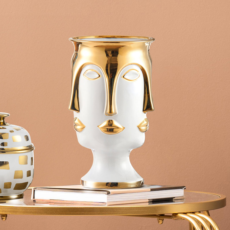 Saltsburg Handmade Ceramic Vase for Living Room Decor, White and Gold Face Design Modern Home Decoration