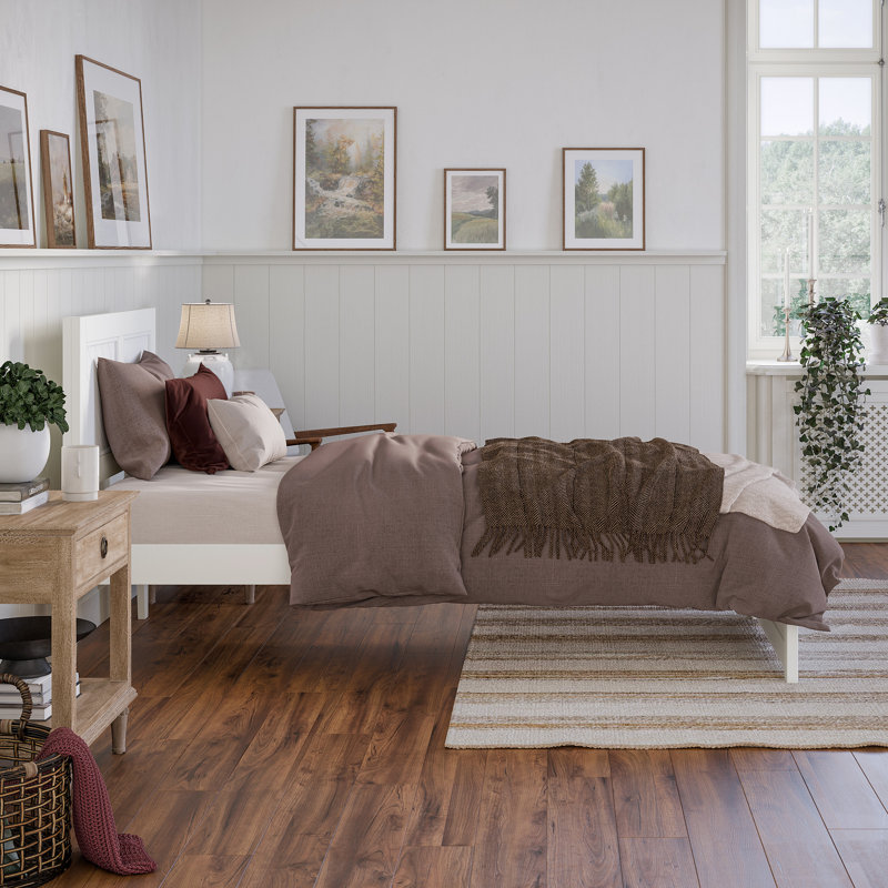 Lit plateforme en bois massif Jeinny avec pied de lit assorti, Simple TG, Blanc