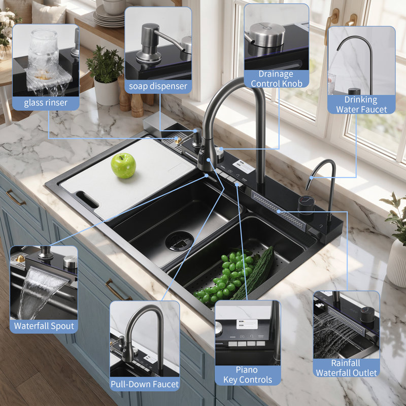 30" Honeycomb Black Stainless Steel Smart Kitchen Workstation Sink with Pull-Down Faucet & Accessories