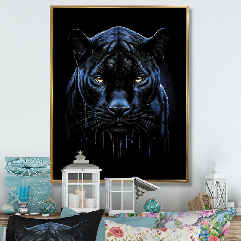«Black Blue Panther Onyx Majesty Scratch On», reproduction sur toile, H 32 po x l 16 po x P 1 po, Cadre flottant doré