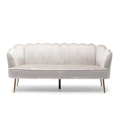 Nika Sofa, 3 Seater, Channel Stitching, 76 Inch, Beige Velvet, Gold