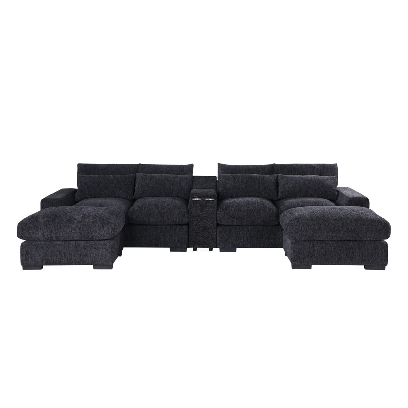 4 chaises en flanelle rembourrées en U de couleur mi-ferme et gris foncé avec deux repose-pieds, console et porte-gobelets intégrés, siège pour repose-pieds,