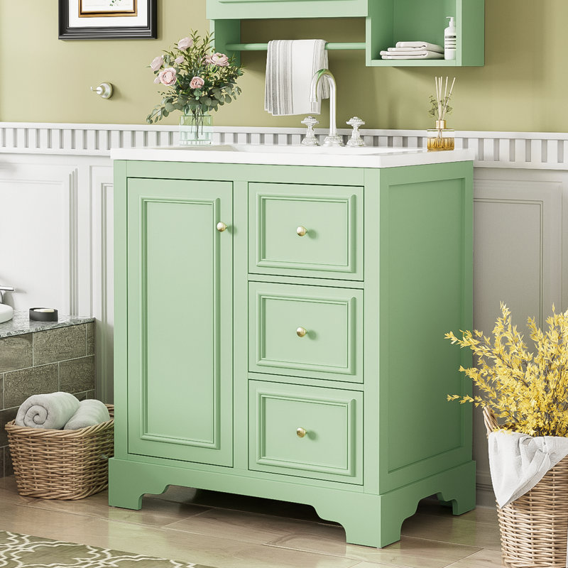 30'' Single Bathroom Vanity With Ceramic Top, Green, Gold