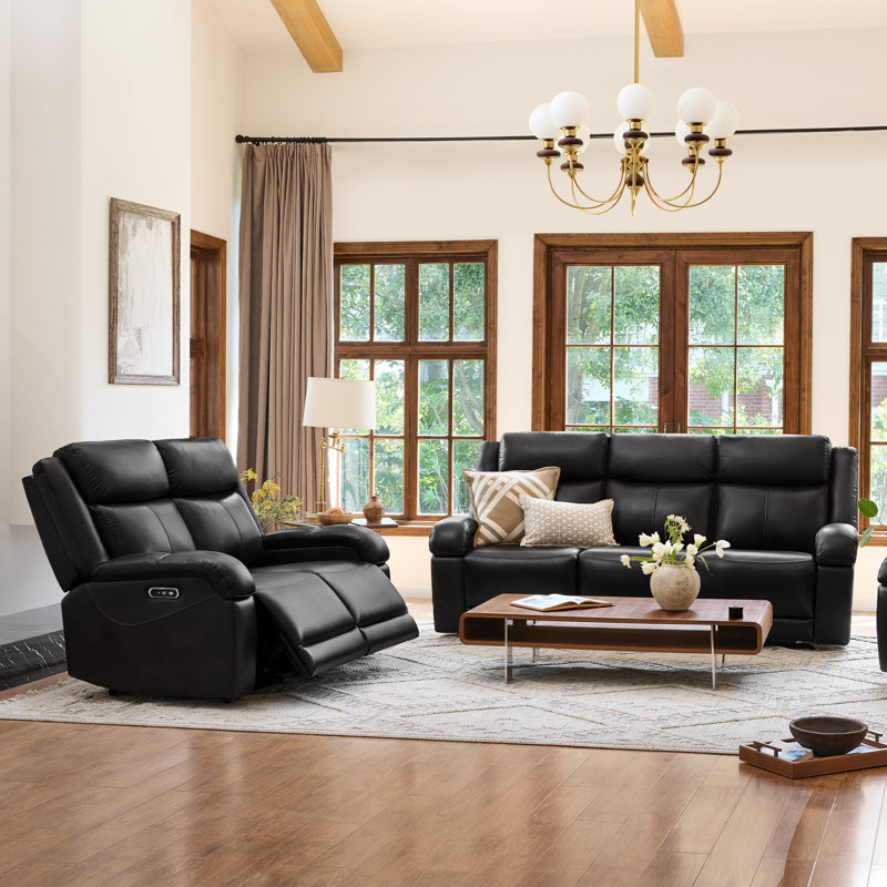 Zachery Genuine Leather Power Reclining Sofa, 2, Black