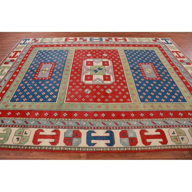 Vegetable Dye Geometric Kazak Oriental Area Rug