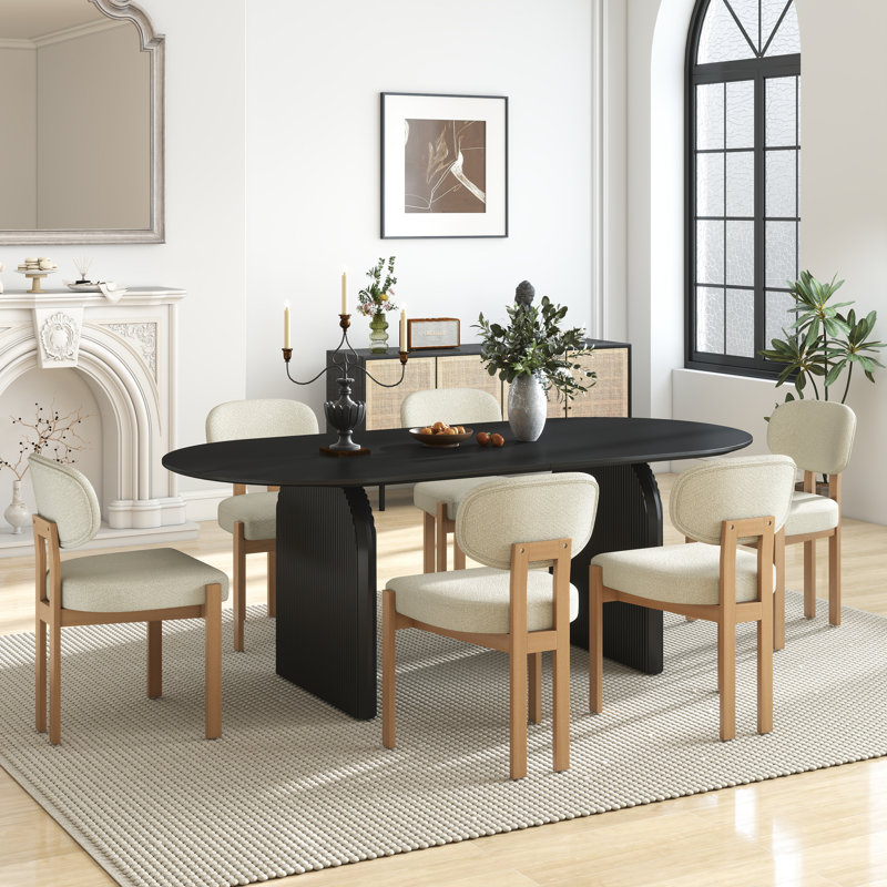 Ensemble de table de salle à manger Mid-Century, 7 pièces : table, 6 chaises, Beige, Noir