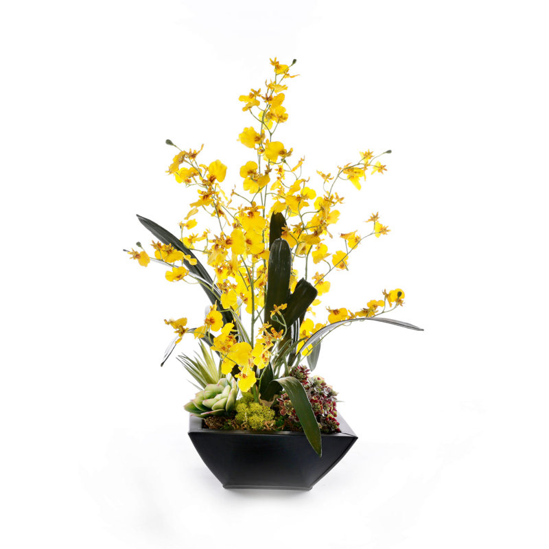 Yellow Oncidium Orchid Flower Arrangement in Zinc Metal Pot
