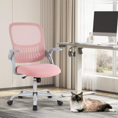 Fauteuil de direction de bureau à domicile, fauteuil ergonomique pivotant à dossier moyen en filet avec accoudoirs rabattables, soutien lombaire confortable, accoudoirs confortables pour chambre à coucher, bureau, étudiant