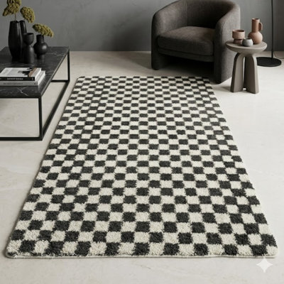 Sudeley Traditional Checkered Cream Non-Slip Indoor Outdoor Living Room Bedroom Dining Room Entryway Hallway Office Kitchen Washable Rug