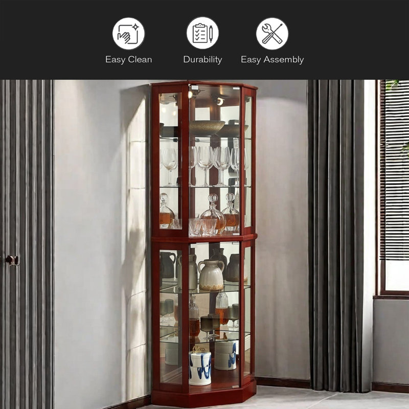 6 Shelf Corner Curio Display Cabinet With Lights, Mirrors And Adjustable Shelves(E26 Light Bulb Not Included), Cherry