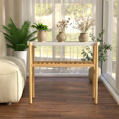 Support pour plante en bambou à 2 niveaux avec plateaux en acier, support pour plantes d'intérieur et d'extérieur pour pots multiples, grande table de plante d'angle pour le jardin