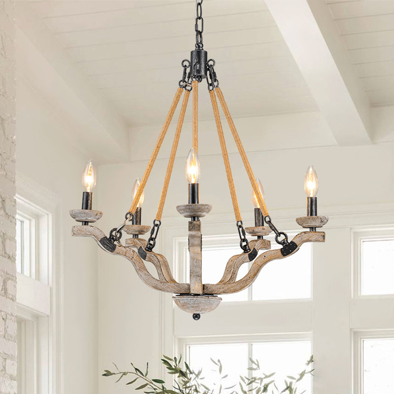 5 - Light Farmhouse Hemp Rope Wooden Chandelier