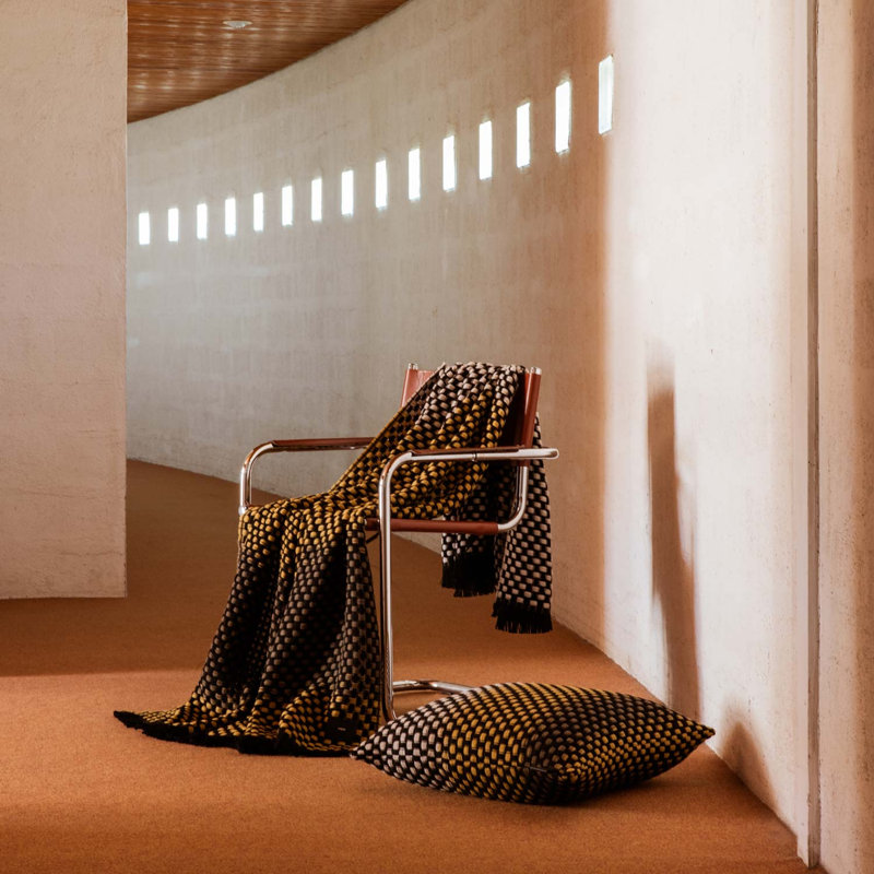 Hand Woven Throw Blanket, Black/Mustard/Dark Green/Brown