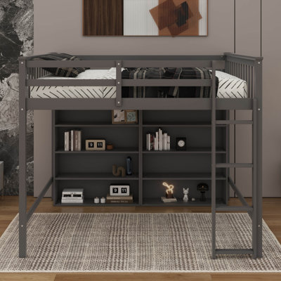 Solid Wood Loft Bed With 8 Open Storage Shelves, Full Size Loft Bed Built-In Ladder And Full-Length Guardrails