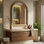 Miroir mural arqué avec cadre en bois au fini chêne naturel pour meuble-lavabo et décoration de salon