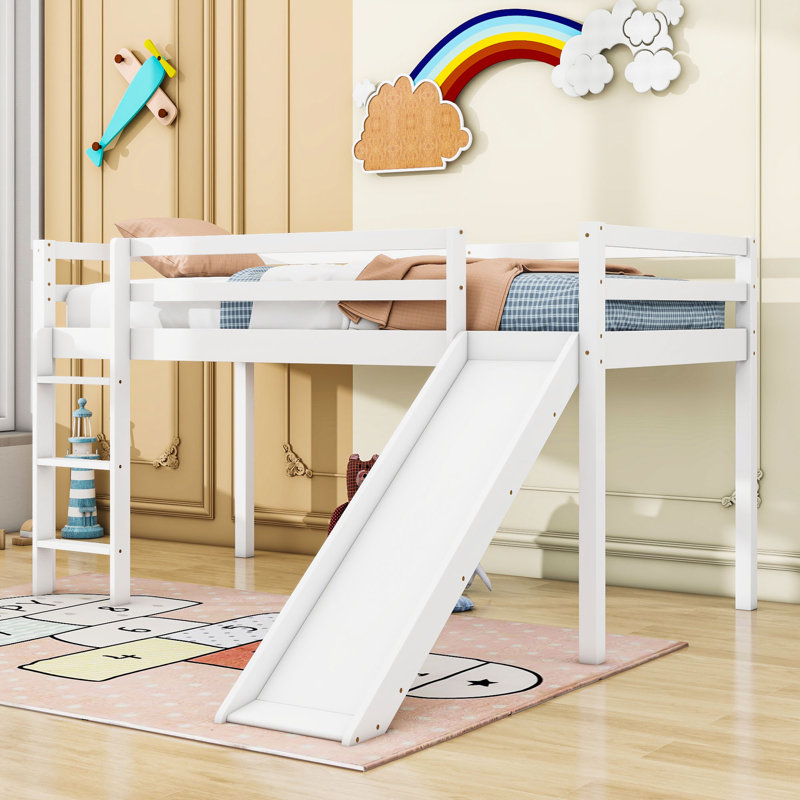 Khai Twin Low Loft Bed With Slide And Ladder, White