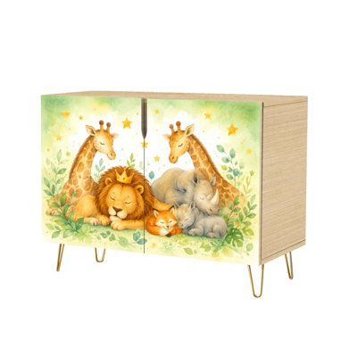 Buffet Buffet avec rangement dissimulé 2 portes animaux aquarelle éléphant lion zèbre girafe pour le salon, la cuisine et le bar