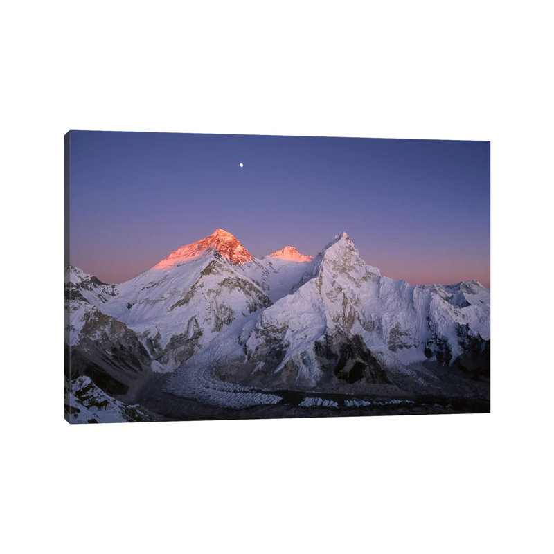 Moon Over Summit Of Mount Everest, Lhotse, And Nuptse As Seen From Mount Pumori, Sagarmatha National Park, Nepal by Grant Dixon - Wrapped Canvas Print