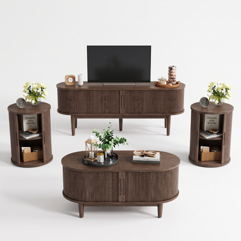 Mosser 4-Piece Living Room Table Set (1 Coffee Table, 2 End Table, And 1 TV Stand), Walnut Wood